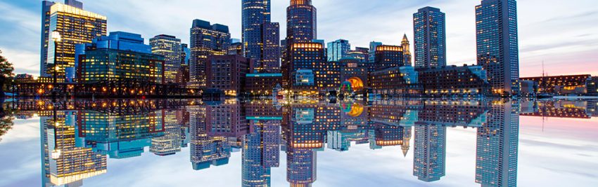 Boston Skyline from Downtown Harborwalk at Night Boston Skyline from Downtown Harborwalk at Night